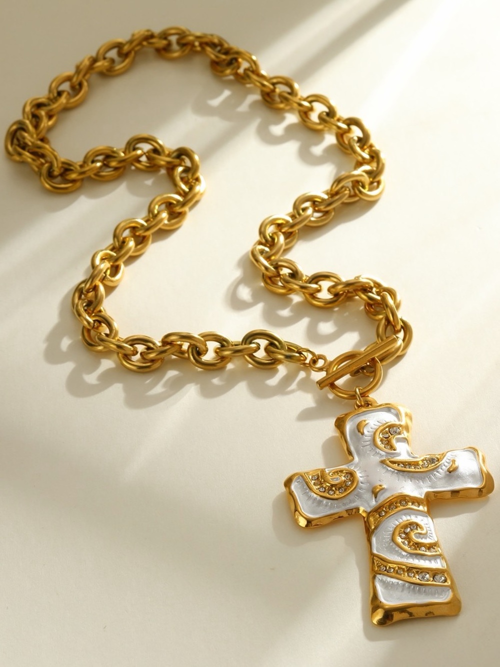 White Cross Pendant Chunky Toggle Necklace - Women Jewelry - Picture 2 of 2